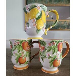 (3) Temptations by Tara Figural Fruit Lemons Oranges Footed Coffee tea Mug 12 oz